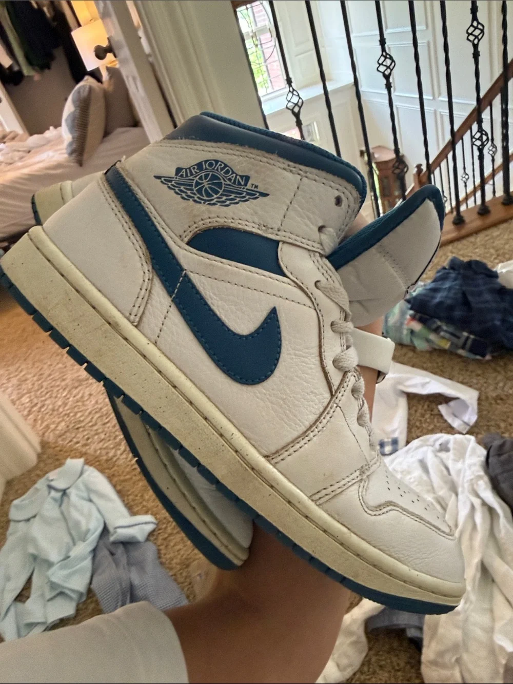 Jordan Kids White and Blue High-Top Sneakers